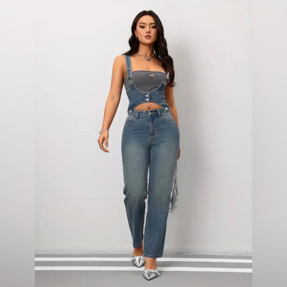 NEW WOMENS DENIM DETACHABLE STRAPS JUMPSUIT